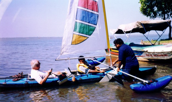 Ray Wijewardene rowing on a tank in Chillaw