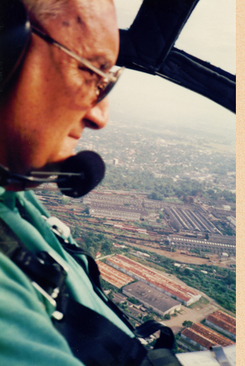 Ray Wijewardene at the cockpit of a small plane